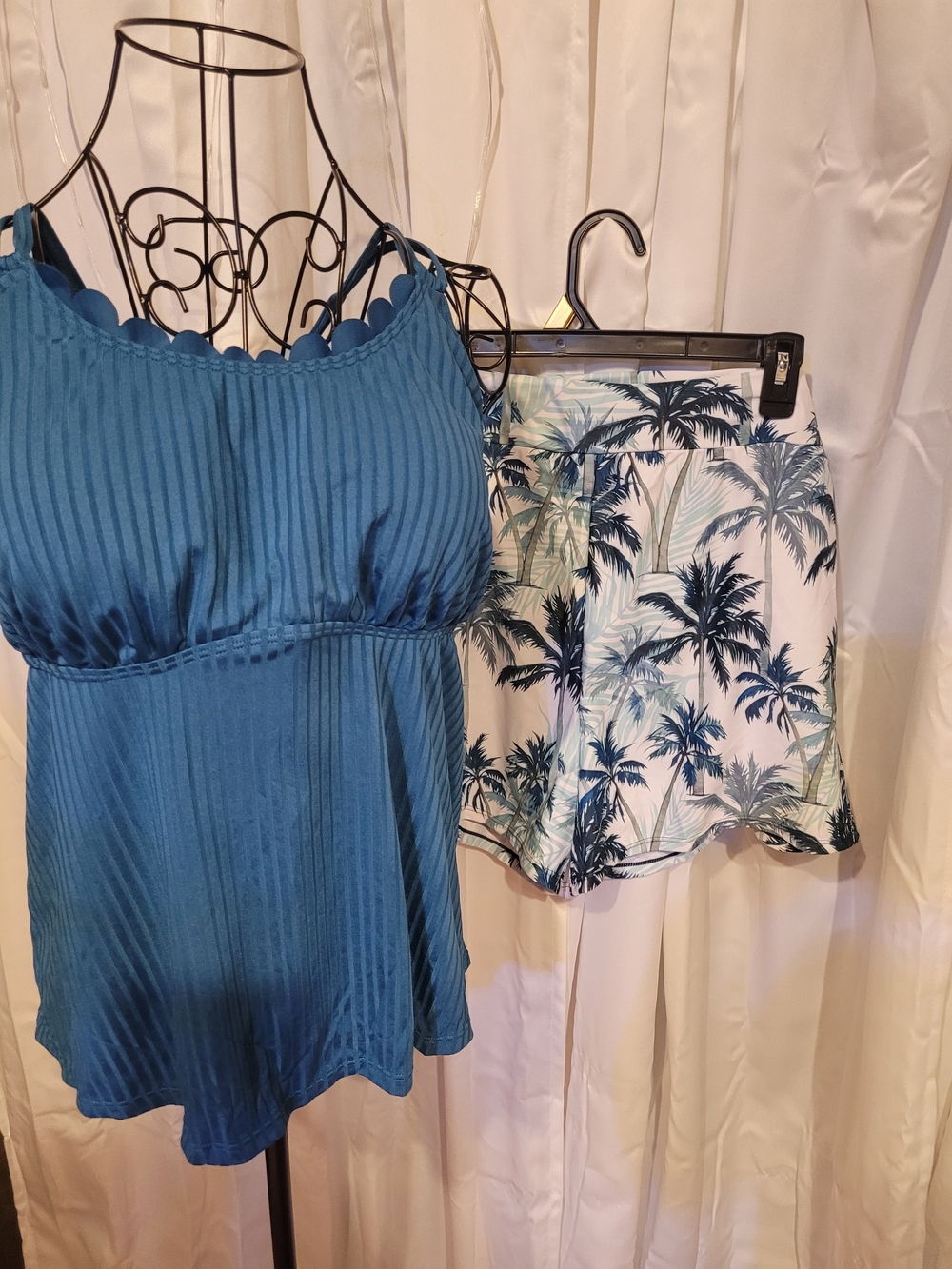 Amazon Teal Ribbed Tankini Top with White & Teal Palm-Print Swim Shorts